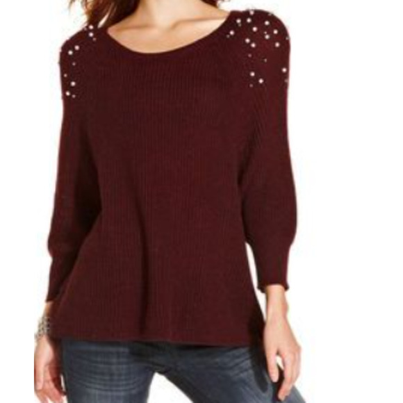3-FOR-$30 Jessica Simpson Sz L Oversize Sweater Pearl Details Maroon Acrylic - Picture 10 of 10